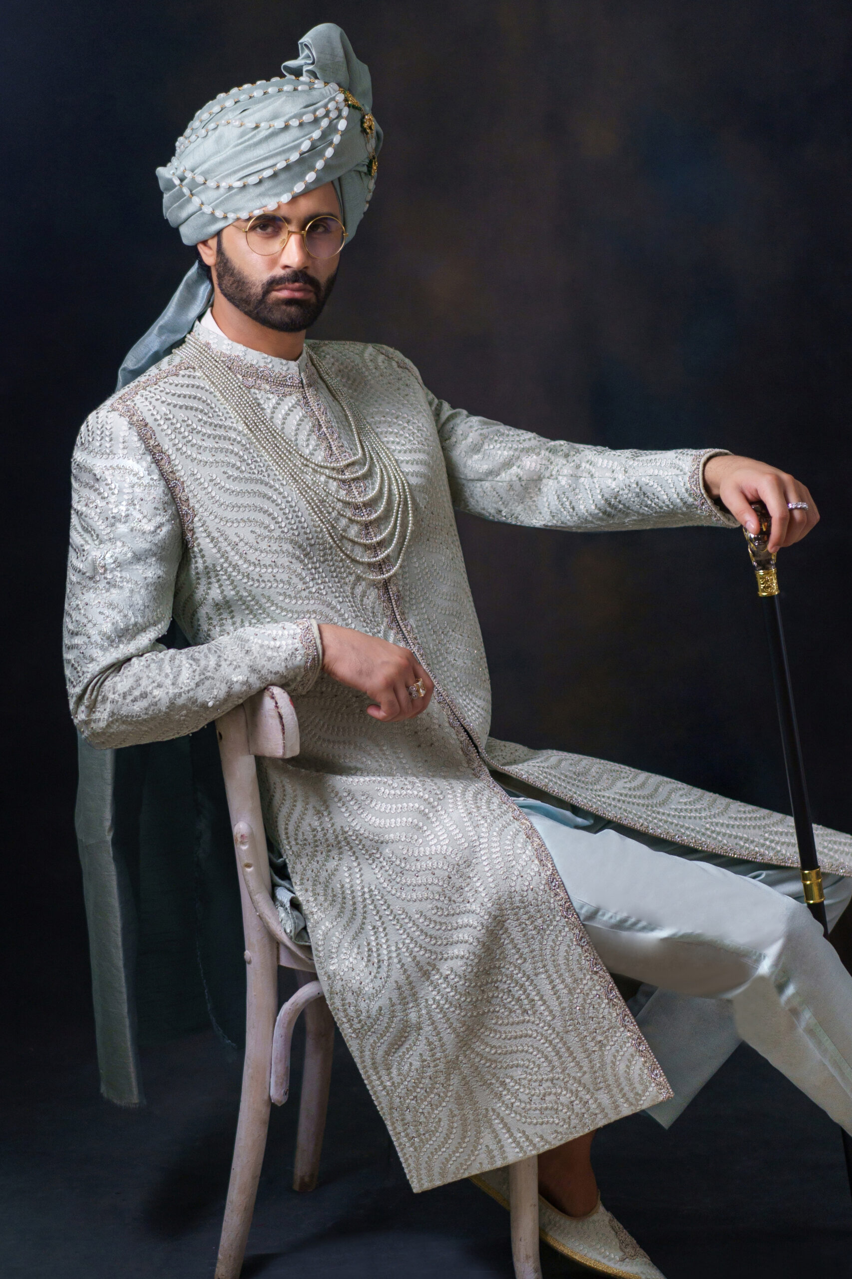 Light Green Pearl Embellished Silk-Blend Sherwani (3-Piece) - Image 6