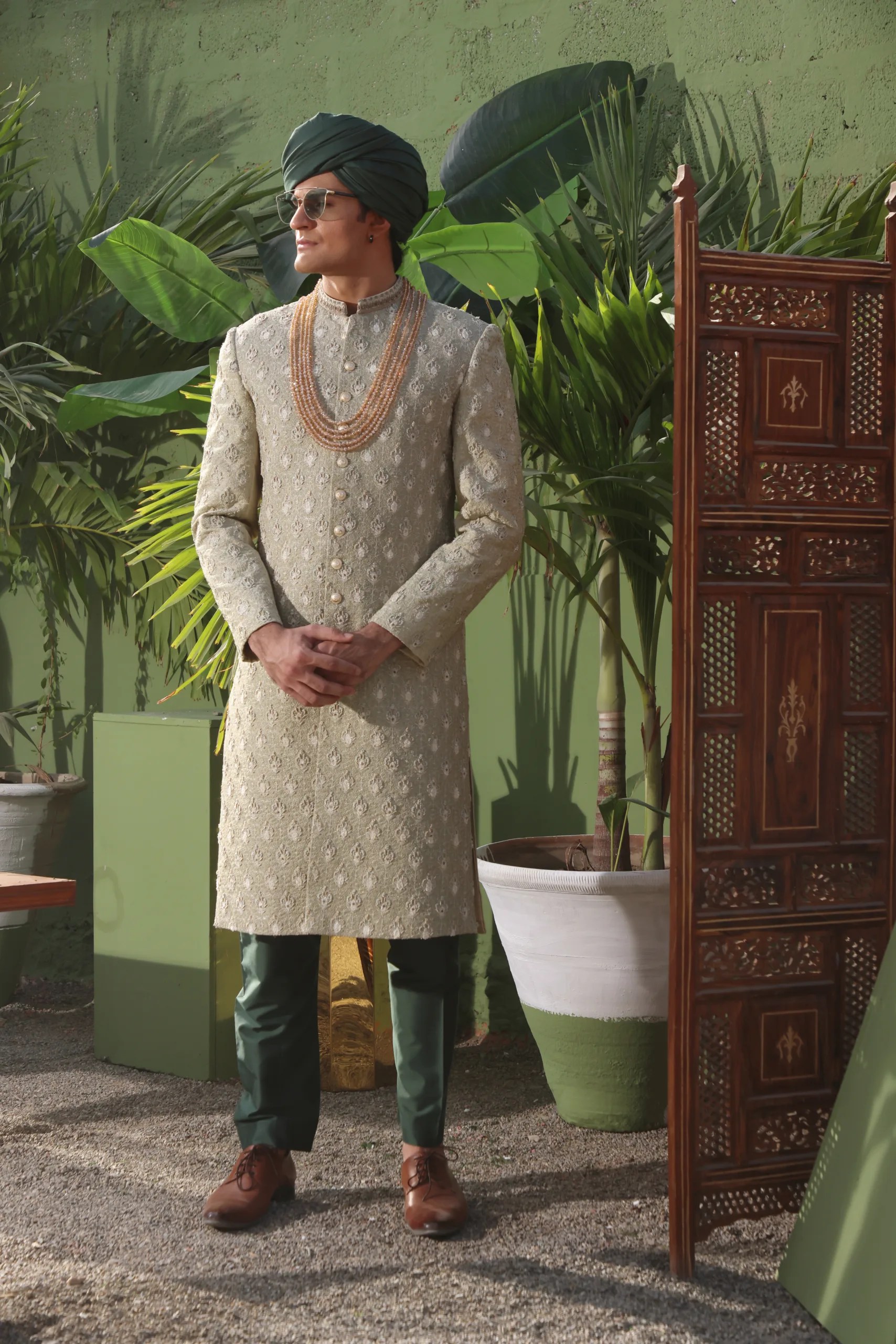Aloe Green Embroidered Silk-Blend Groom Sherwani (3-Piece) - Image 1