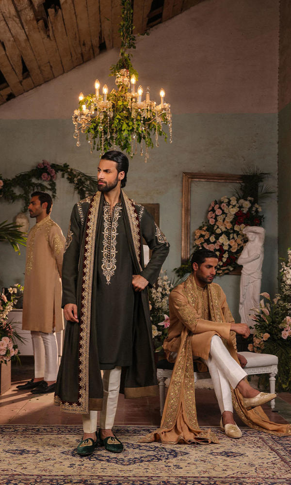 Deep Bottle Green Embroidered Silk-Blend Sherwani (3-Piece) - Image 2