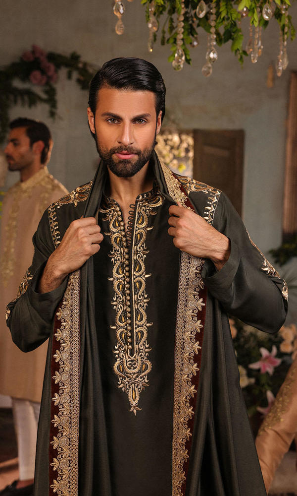 Deep Bottle Green Embroidered Silk-Blend Sherwani (3-Piece) - Image 3