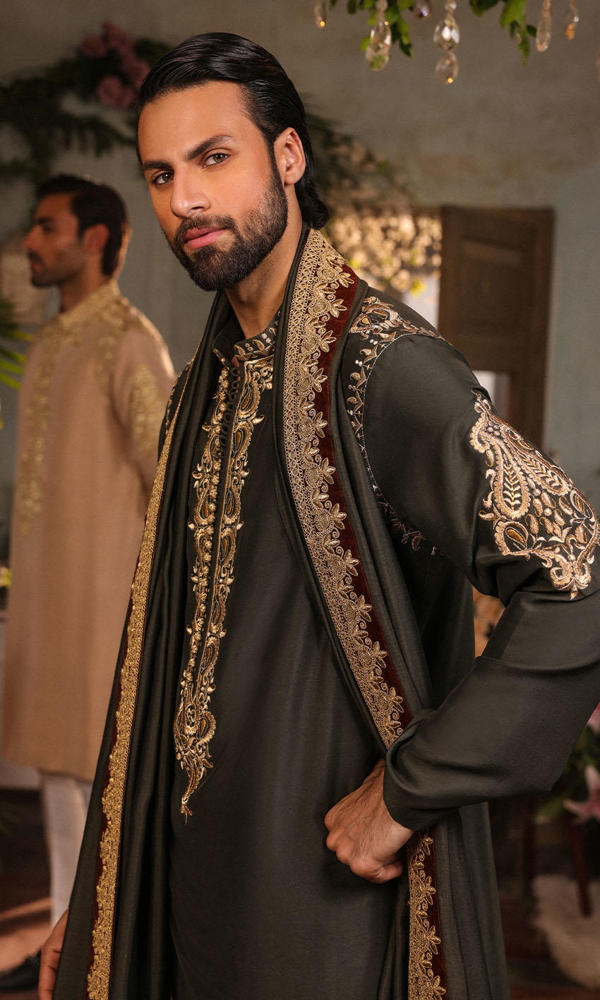 Deep Bottle Green Embroidered Silk-Blend Sherwani (3-Piece) - Image 6