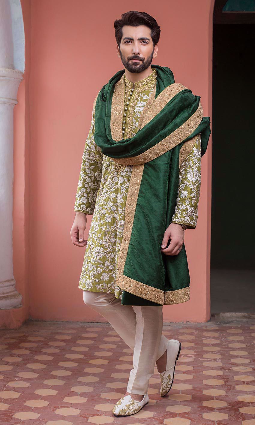 Olive Green Embroidered Silk-Blend Sherwani (3-Piece) - Image 1