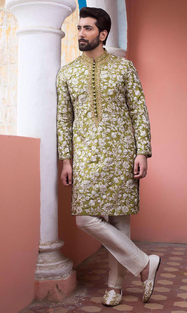 Olive Green Embroidered Silk-Blend Sherwani (3-Piece) - Image 3