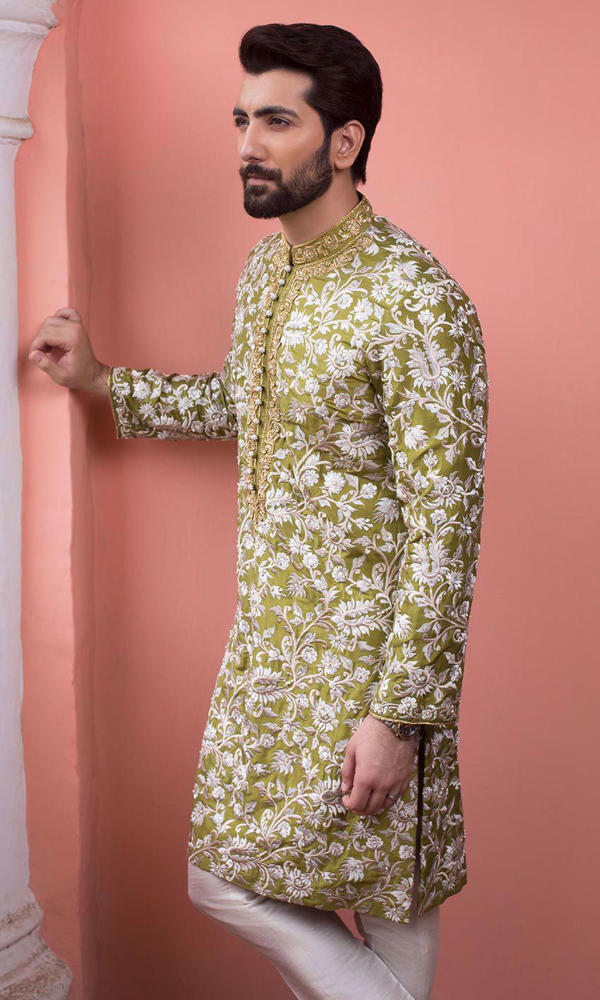 Olive Green Embroidered Silk-Blend Sherwani (3-Piece) - Image 4