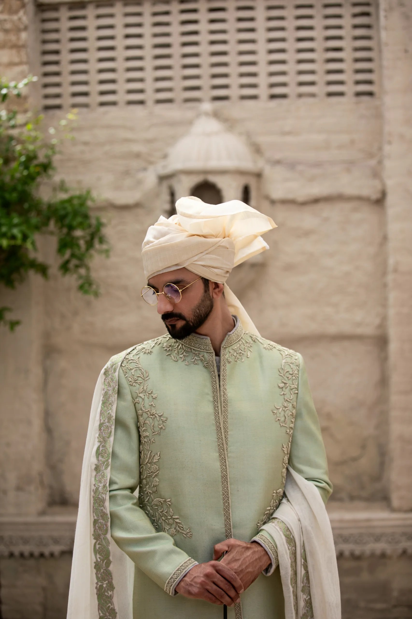 Sea Green Ombre Embroidered Silk-Blend Sherwani (3-Piece) - Image 1