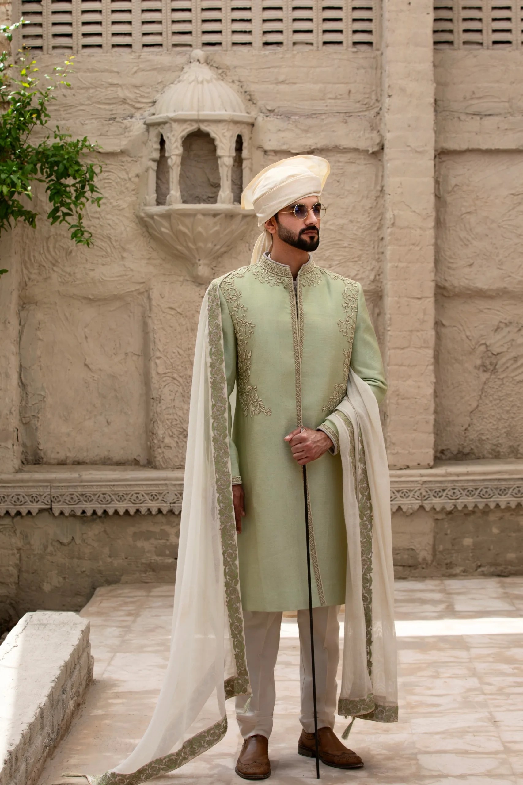 Sea Green Ombre Embroidered Silk-Blend Sherwani (3-Piece) - Image 2