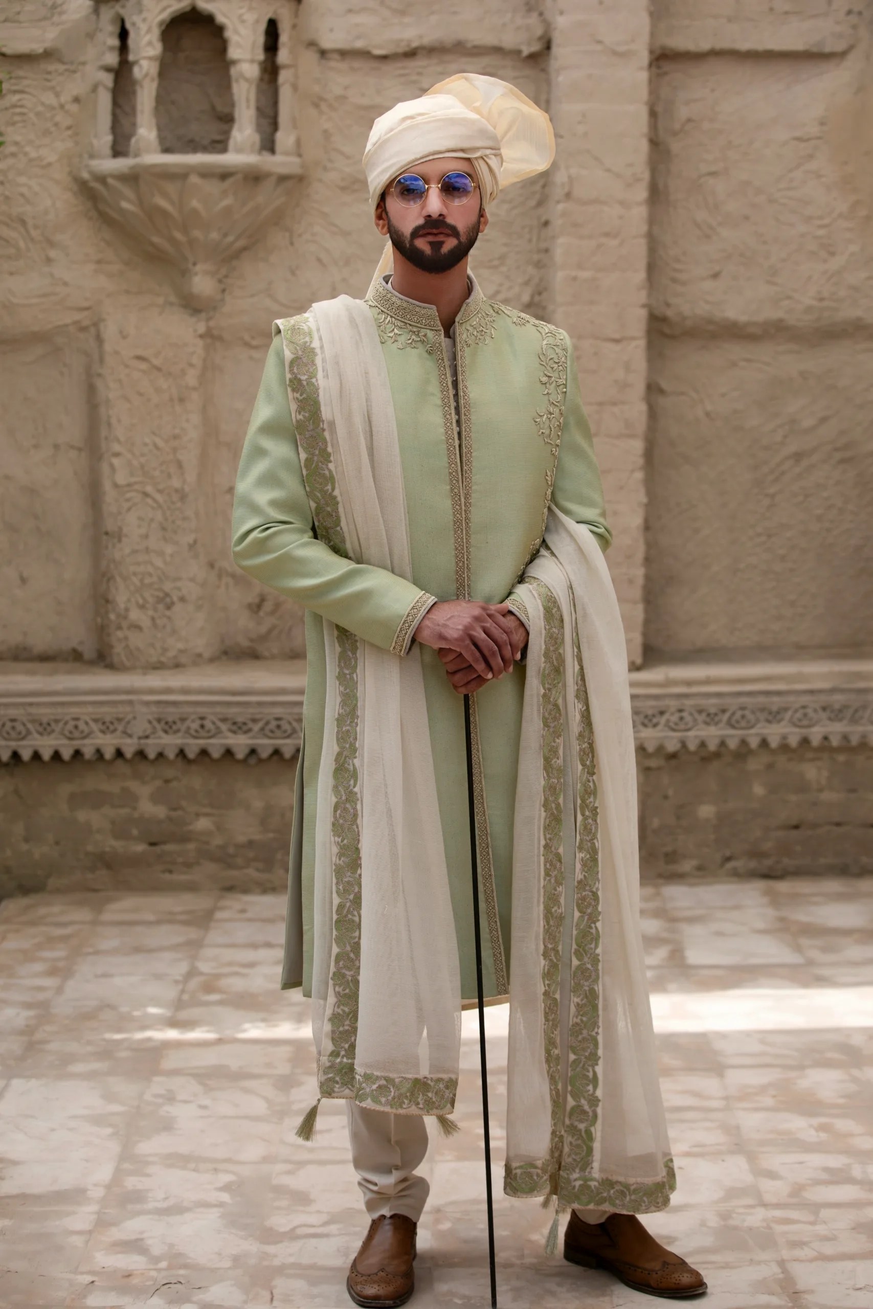 Sea Green Ombre Embroidered Silk-Blend Sherwani (3-Piece) - Image 4