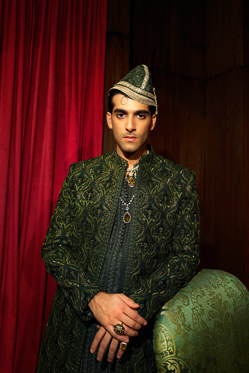 Forest Green Embroidered Silk-Blend Sherwani (3-Piece) - Image 1