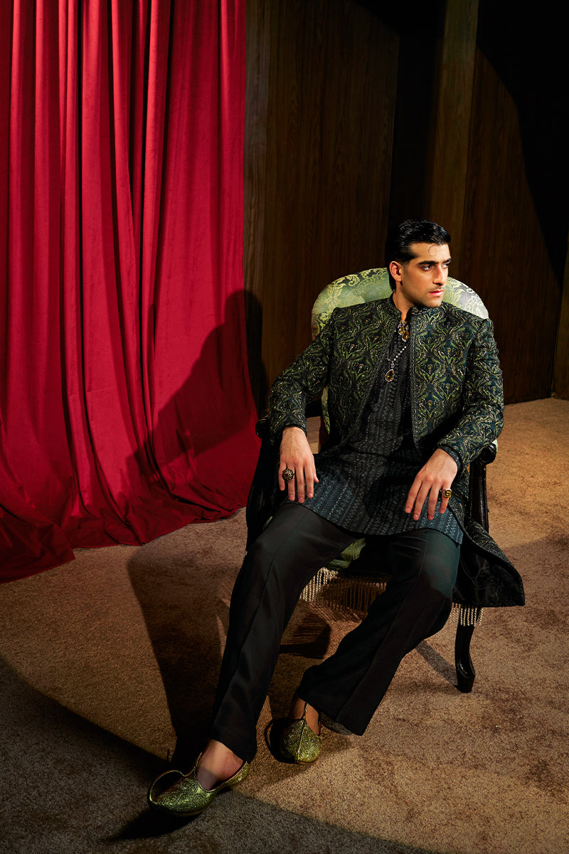 Forest Green Embroidered Silk-Blend Sherwani (3-Piece) - Image 10