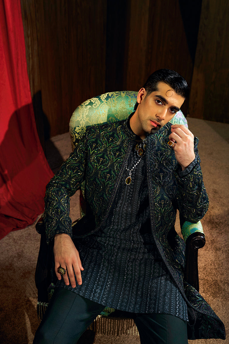 Forest Green Embroidered Silk-Blend Sherwani (3-Piece) - Image 11