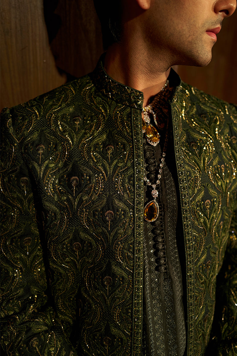 Forest Green Embroidered Silk-Blend Sherwani (3-Piece) - Image 13