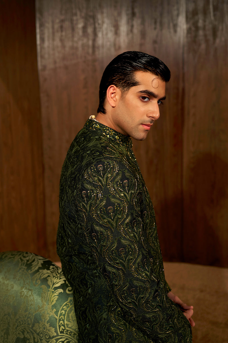 Forest Green Embroidered Silk-Blend Sherwani (3-Piece) - Image 14