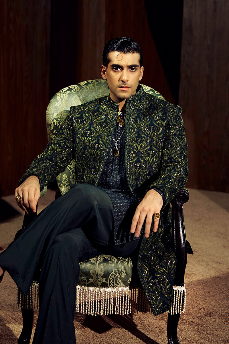 Forest Green Embroidered Silk-Blend Sherwani (3-Piece) - Image 15