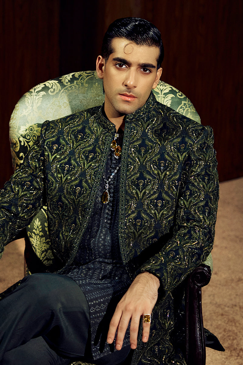 Forest Green Embroidered Silk-Blend Sherwani (3-Piece) - Image 17