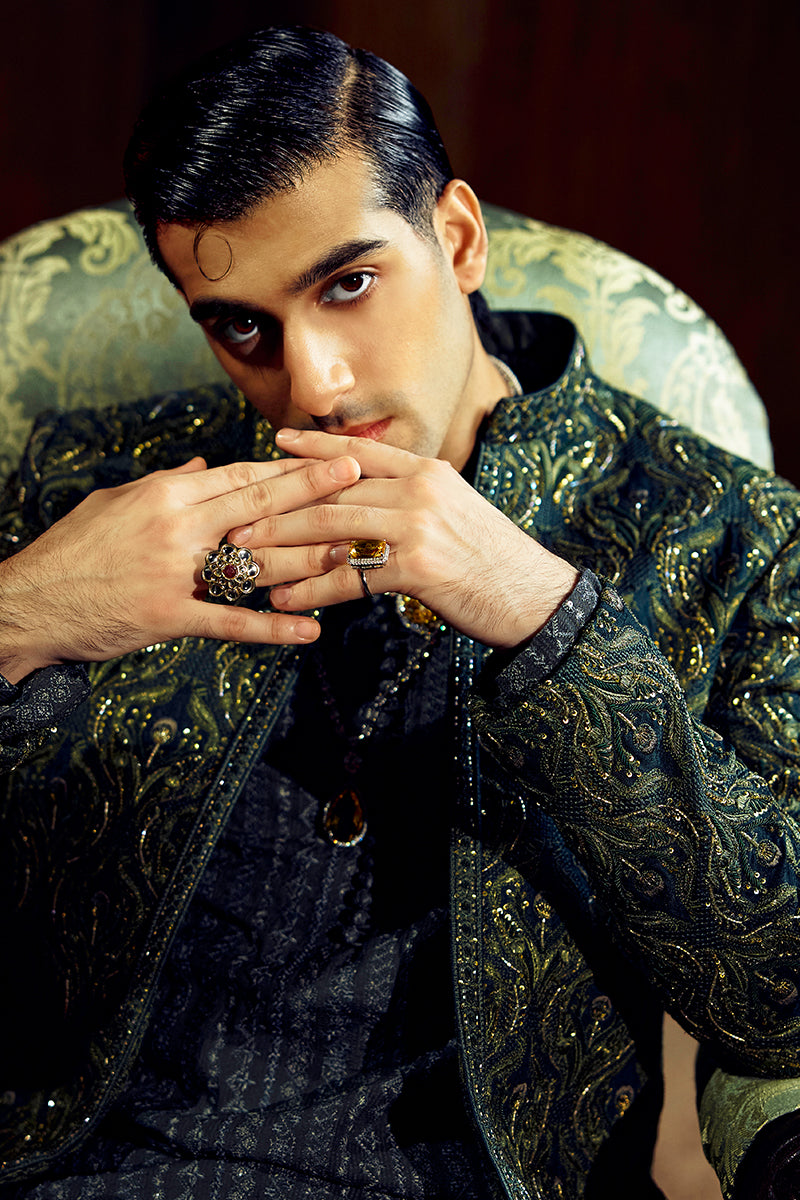 Forest Green Embroidered Silk-Blend Sherwani (3-Piece) - Image 18