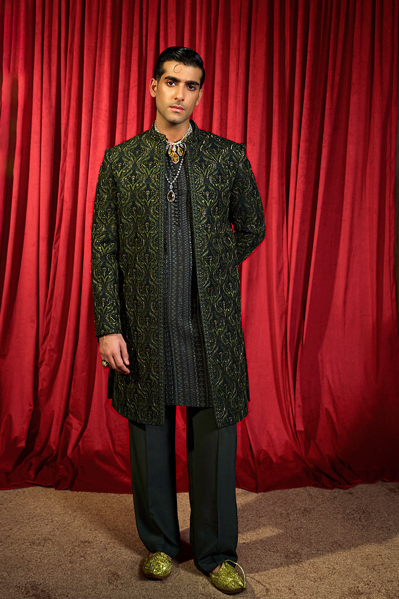 Forest Green Embroidered Silk-Blend Sherwani (3-Piece) - Image 2