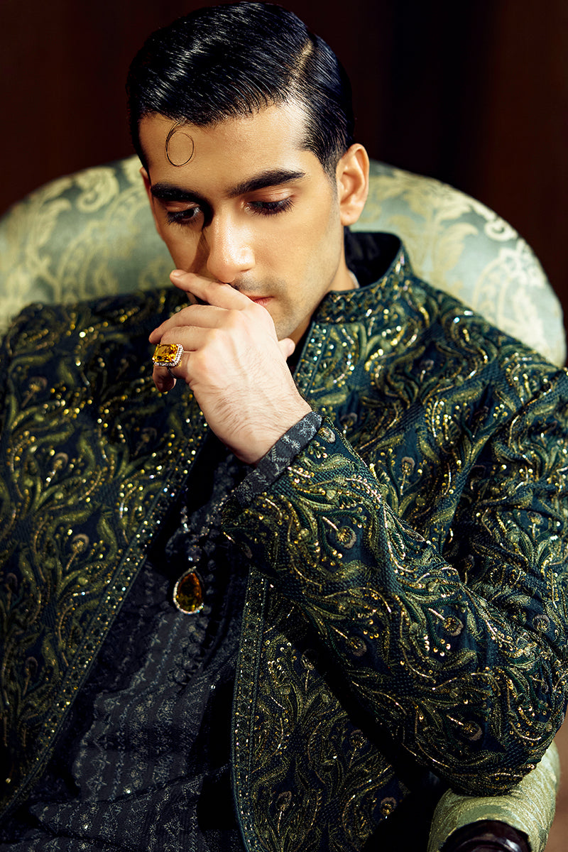 Forest Green Embroidered Silk-Blend Sherwani (3-Piece) - Image 3