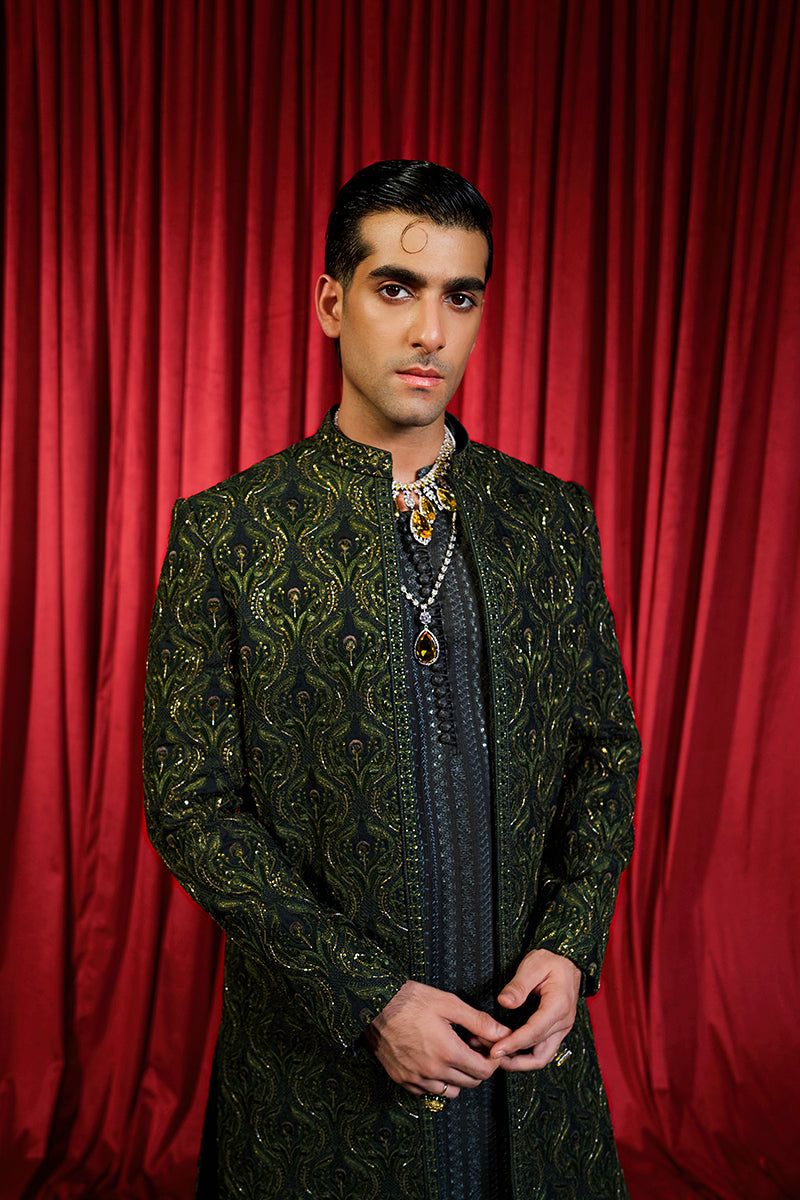 Forest Green Embroidered Silk-Blend Sherwani (3-Piece) - Image 5