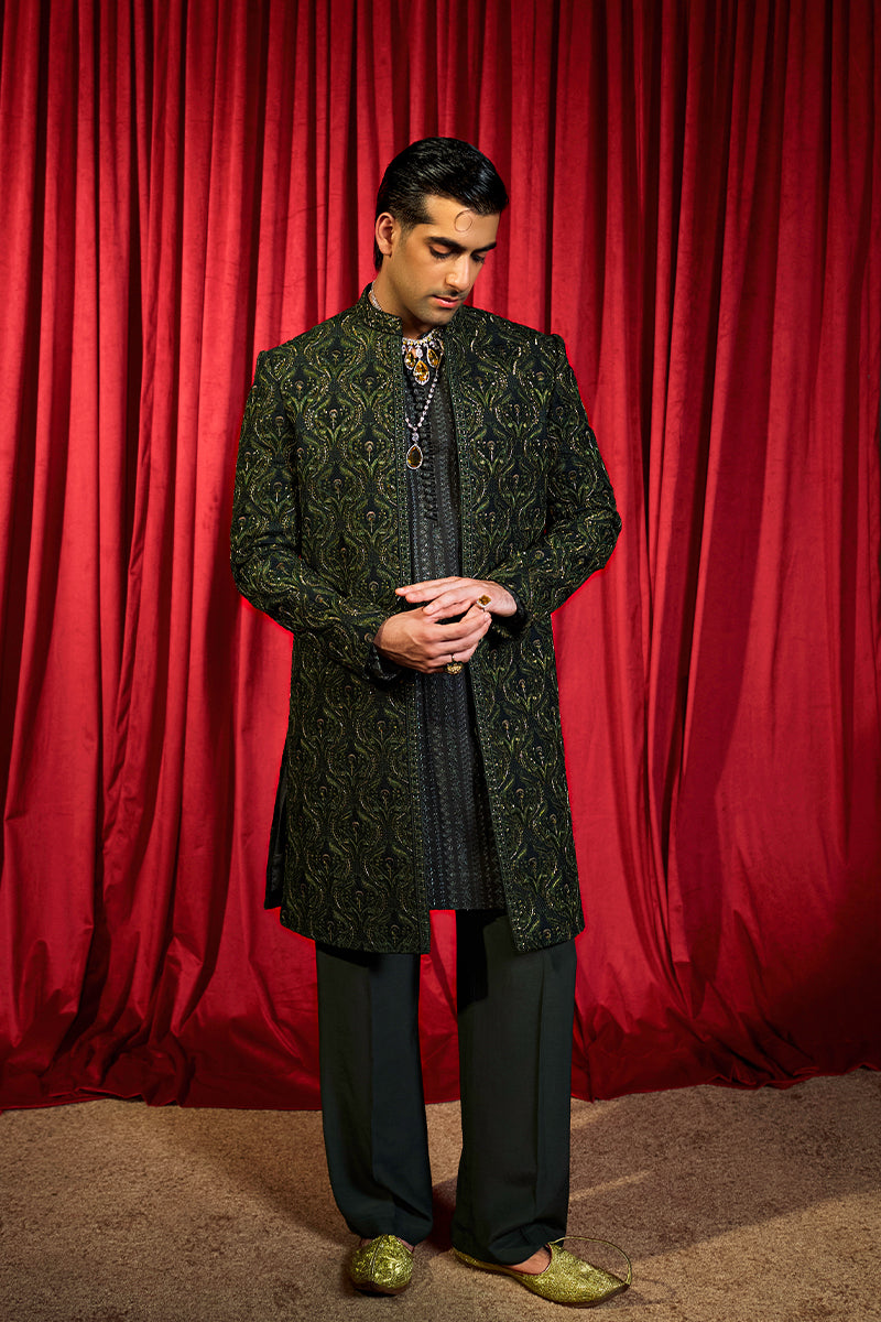 Forest Green Embroidered Silk-Blend Sherwani (3-Piece) - Image 6