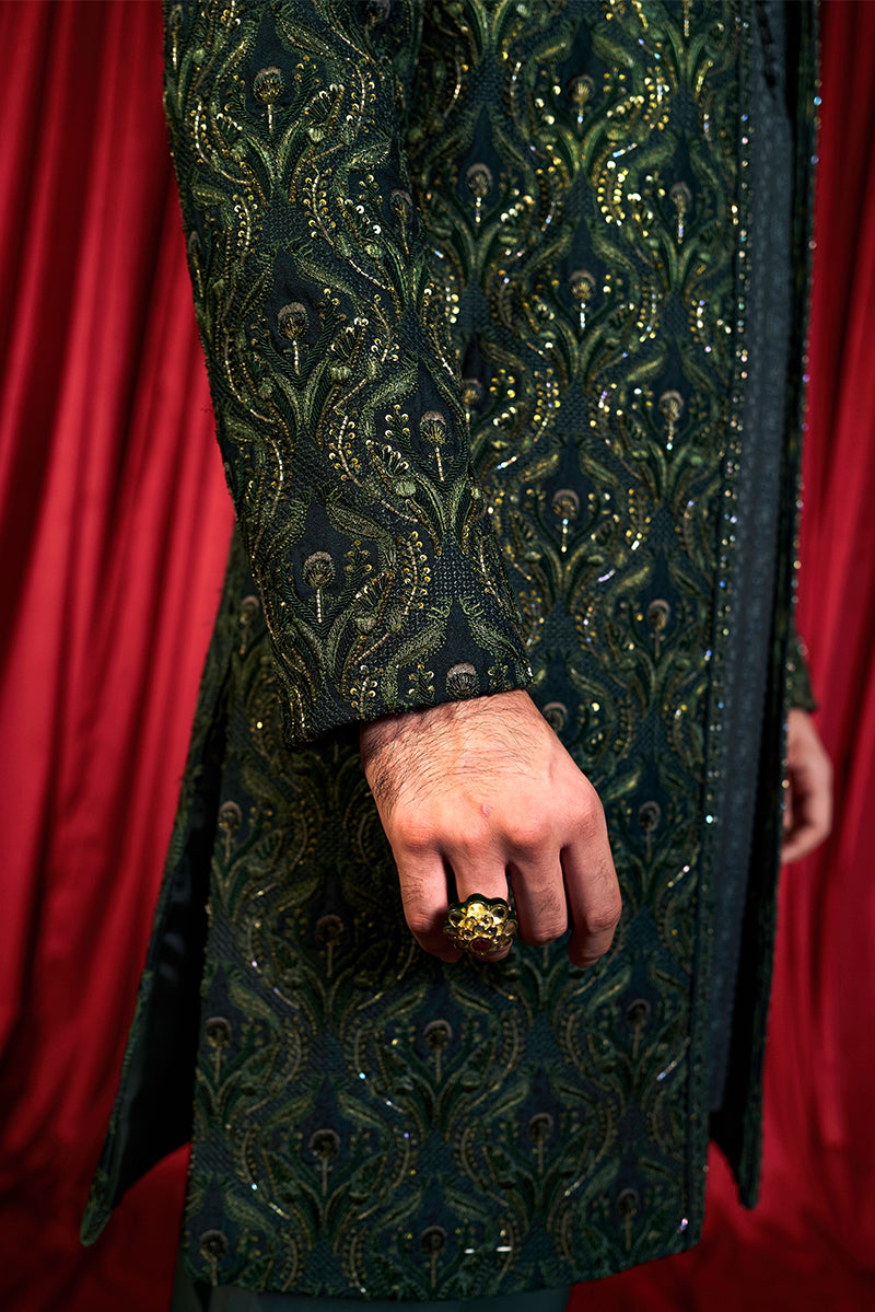 Forest Green Embroidered Silk-Blend Sherwani (3-Piece) - Image 7