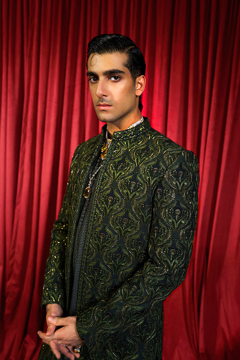Forest Green Embroidered Silk-Blend Sherwani (3-Piece) - Image 8