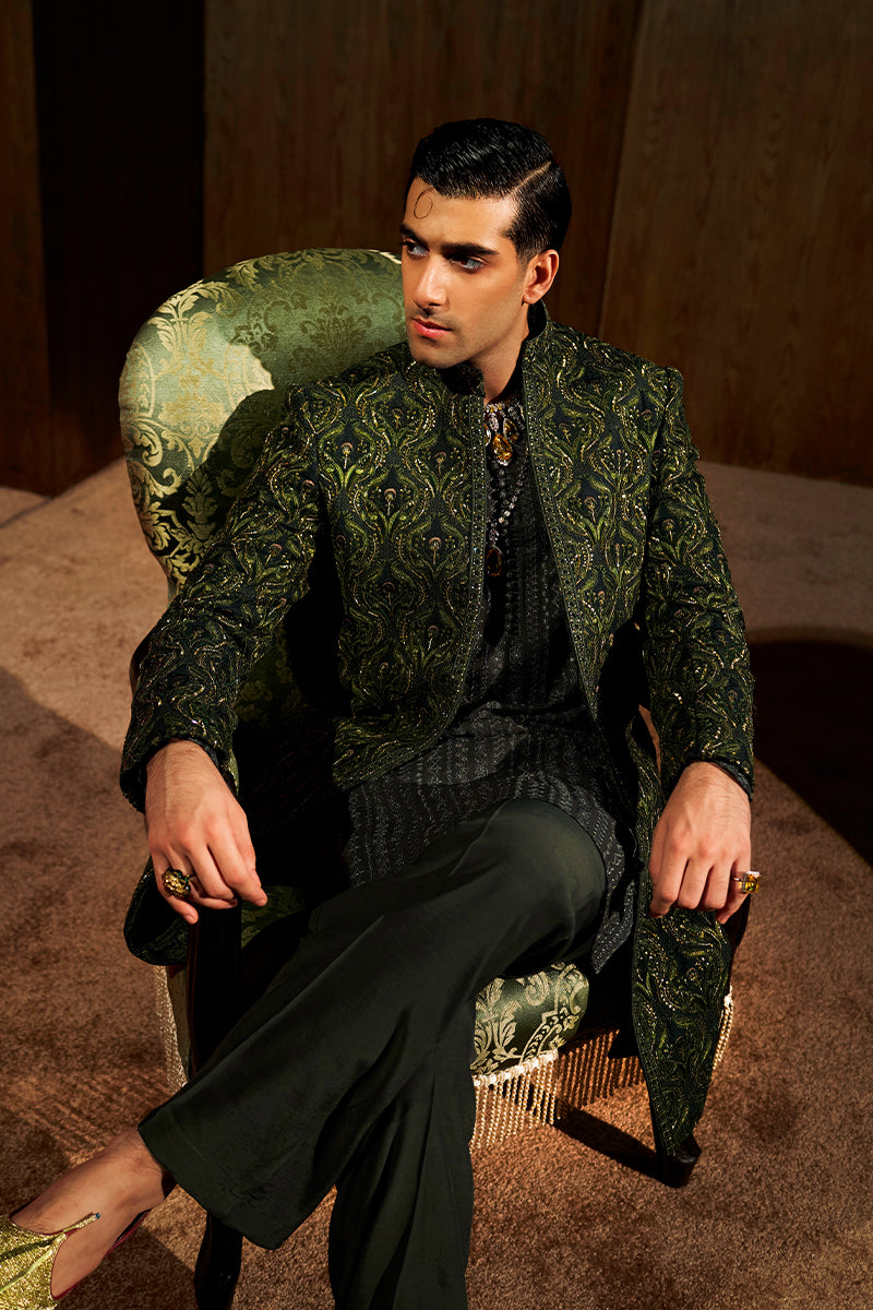 Forest Green Embroidered Silk-Blend Sherwani (3-Piece) - Image 9