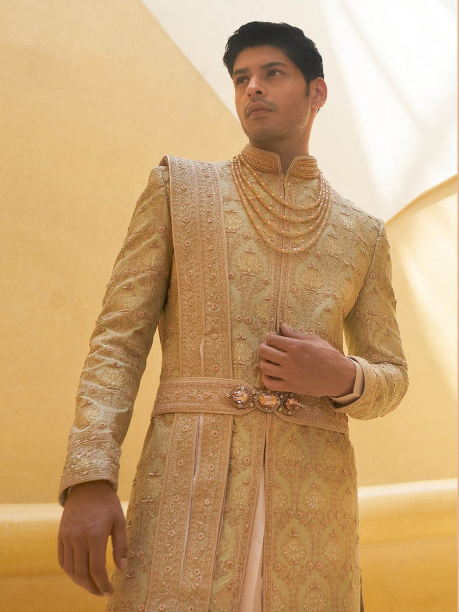 Pastel Pistachio Green Embroidered Silk Sherwani (5-Piece) - Image 2