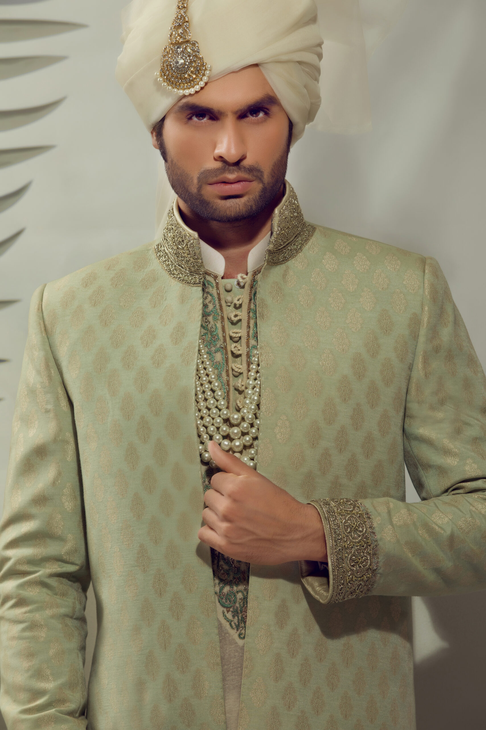 Tea Green Jacquard Sherwani with Embroidery (2-Piece) - Image 1