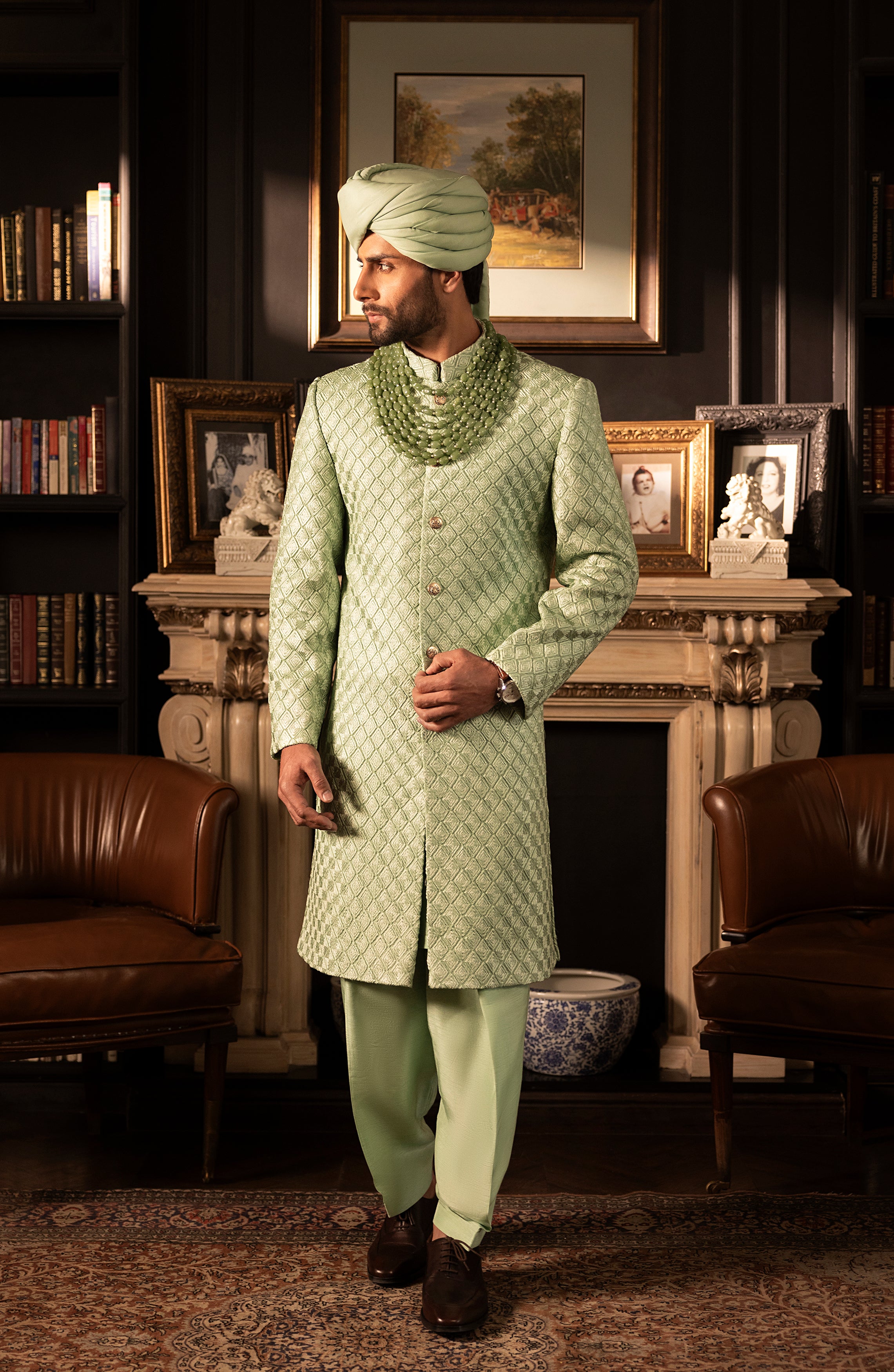 Mint Green Embroidered Silk Sherwani (3-Piece) - Image 1