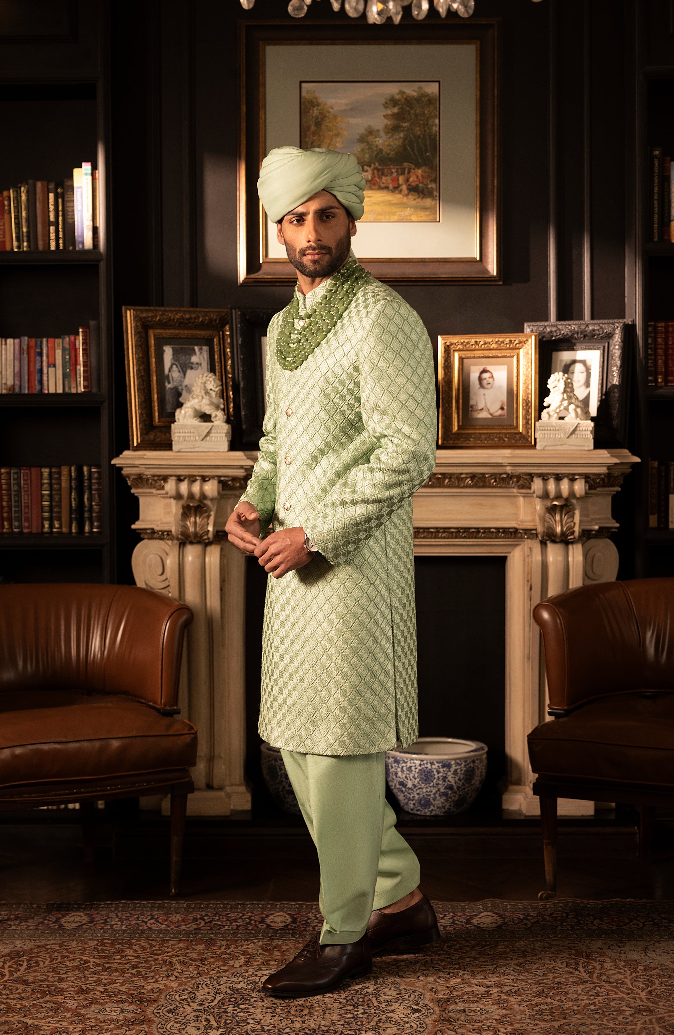 Mint Green Embroidered Silk Sherwani (3-Piece) - Image 2