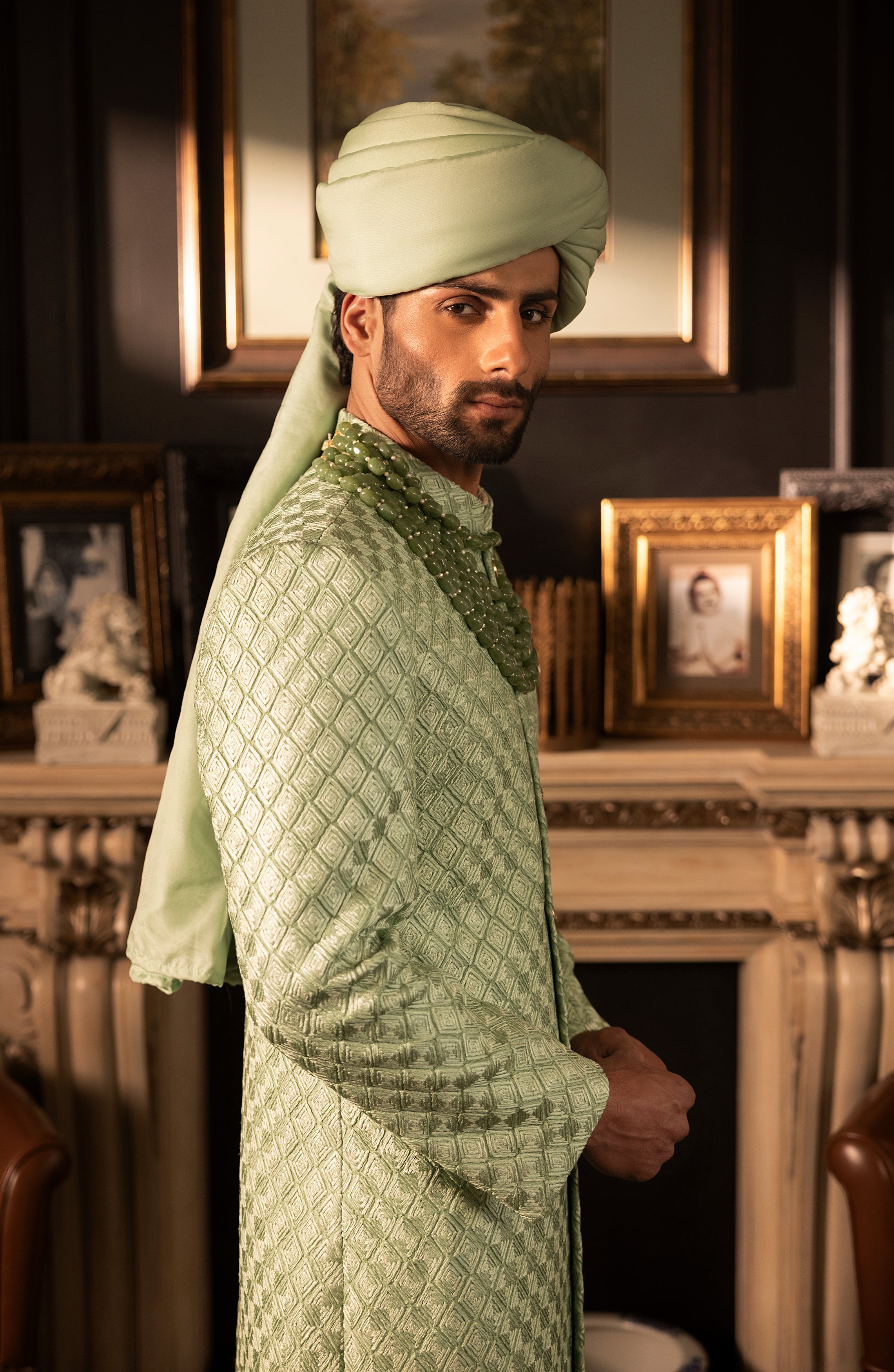 Mint Green Embroidered Silk Sherwani (3-Piece) - Image 3