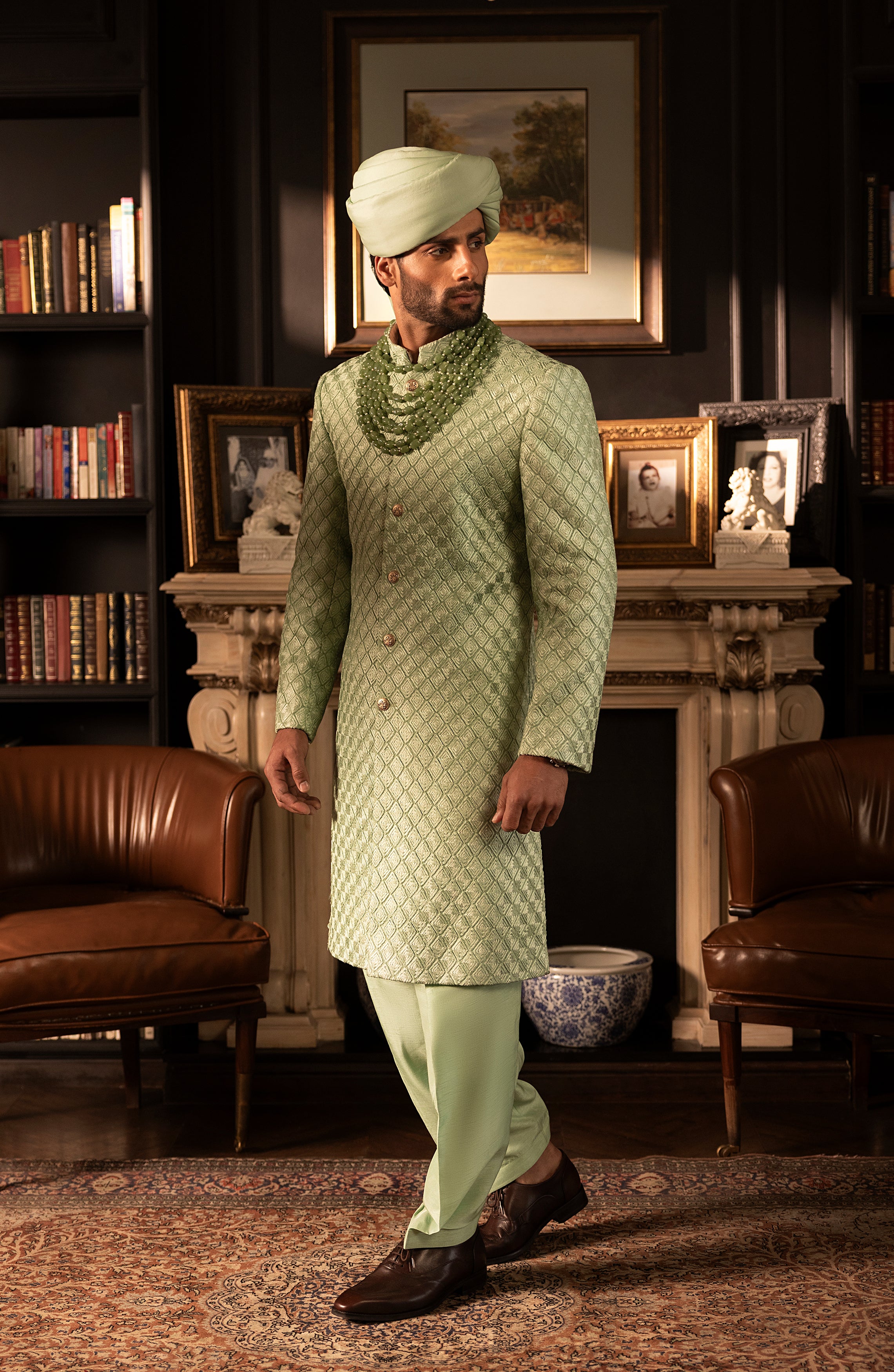 Mint Green Embroidered Silk Sherwani (3-Piece) - Image 4