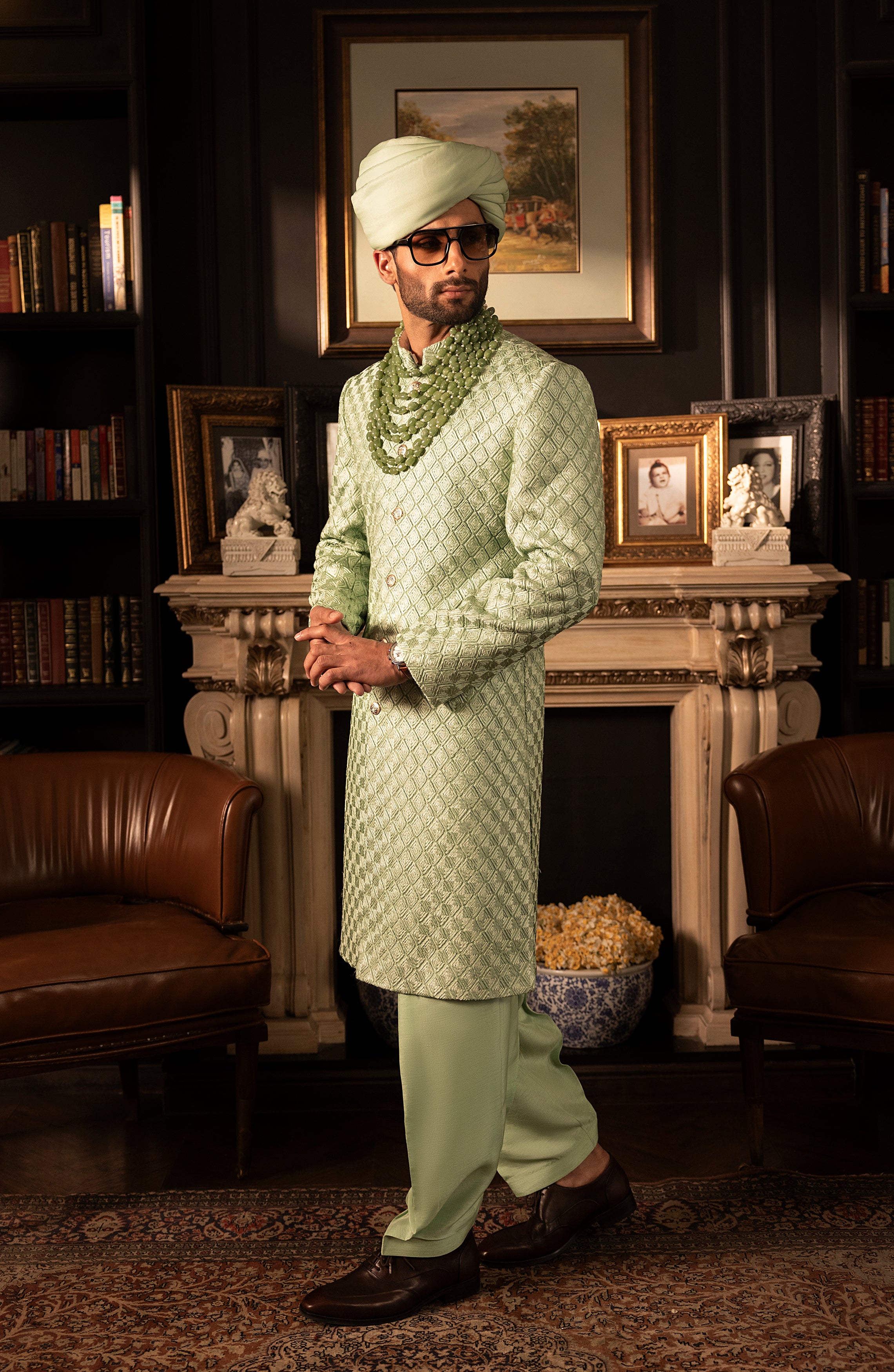 Mint Green Embroidered Silk Sherwani (3-Piece) - Image 6