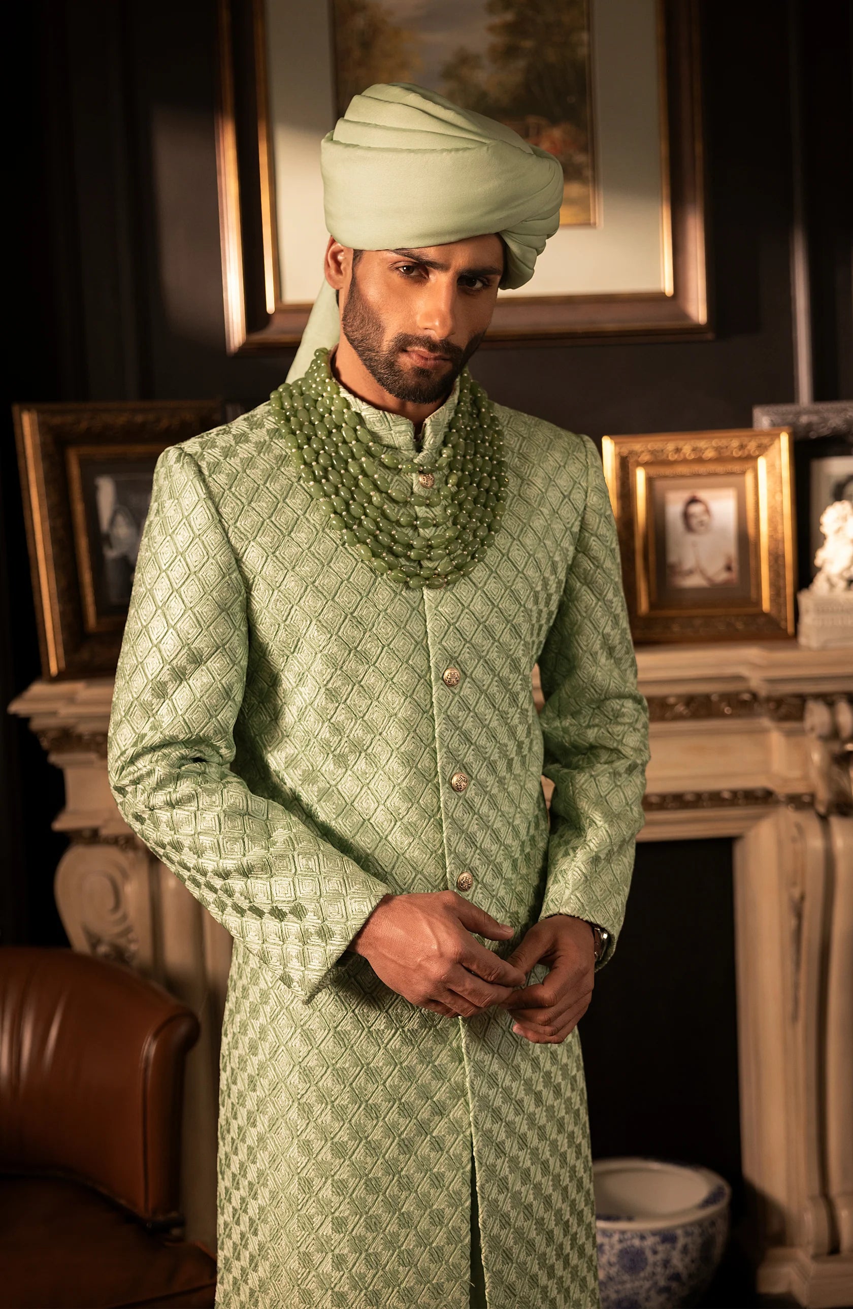 Mint Green Embroidered Silk Sherwani (3-Piece) - Image 8