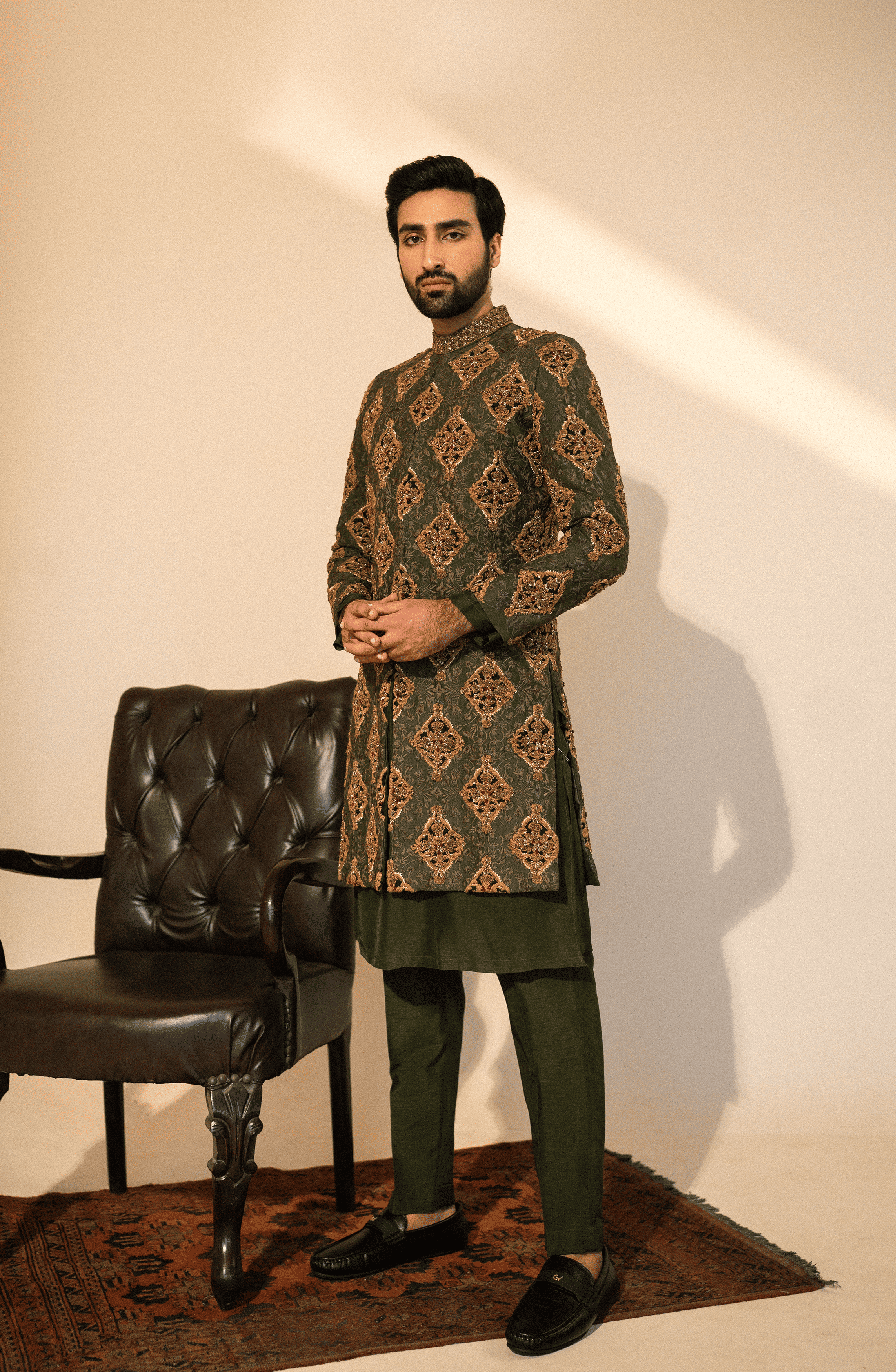 Olive Green Embroidered Silk Sherwani (3-Piece) - Image 2