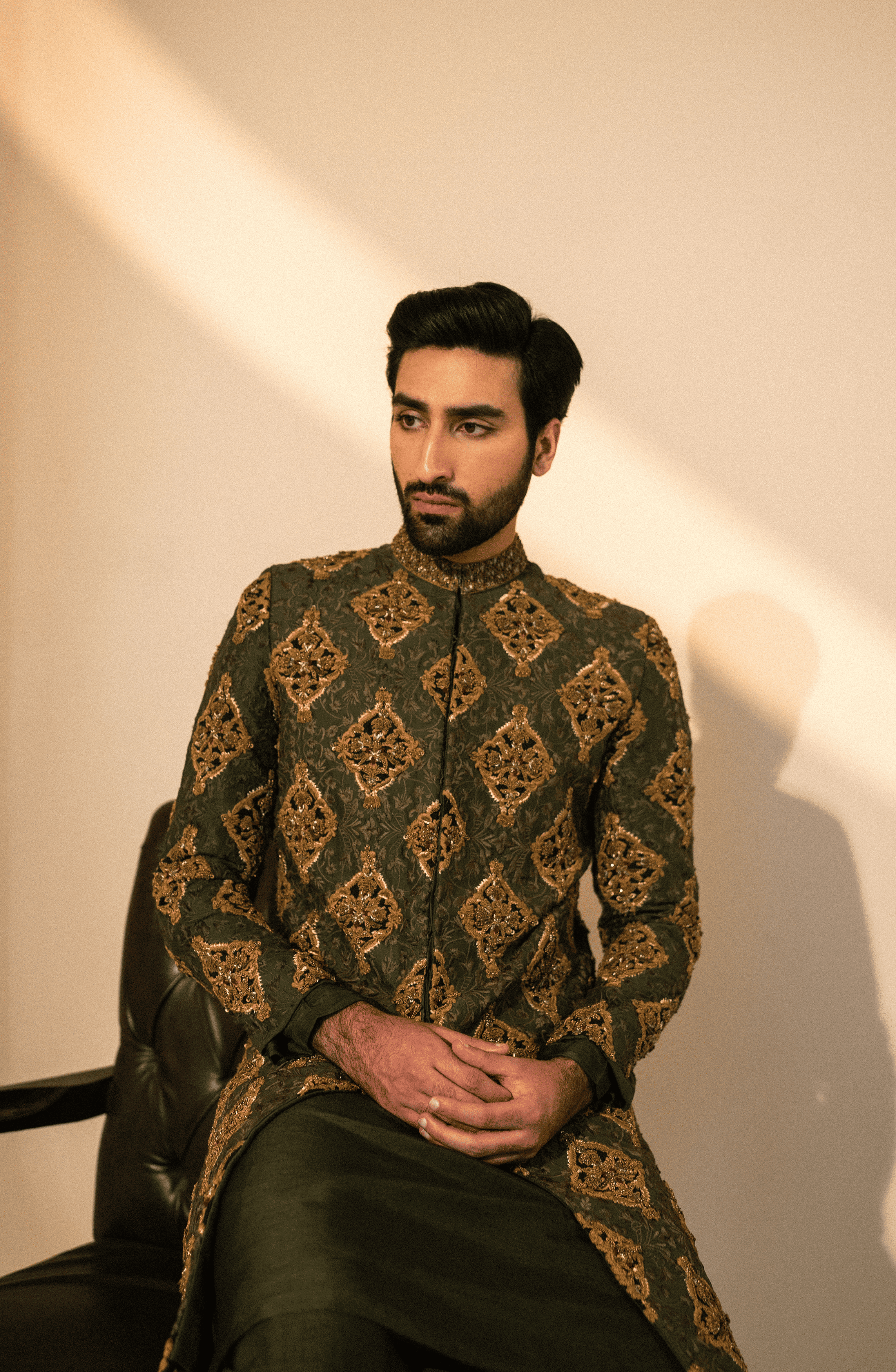 Olive Green Embroidered Silk Sherwani (3-Piece) - Image 3
