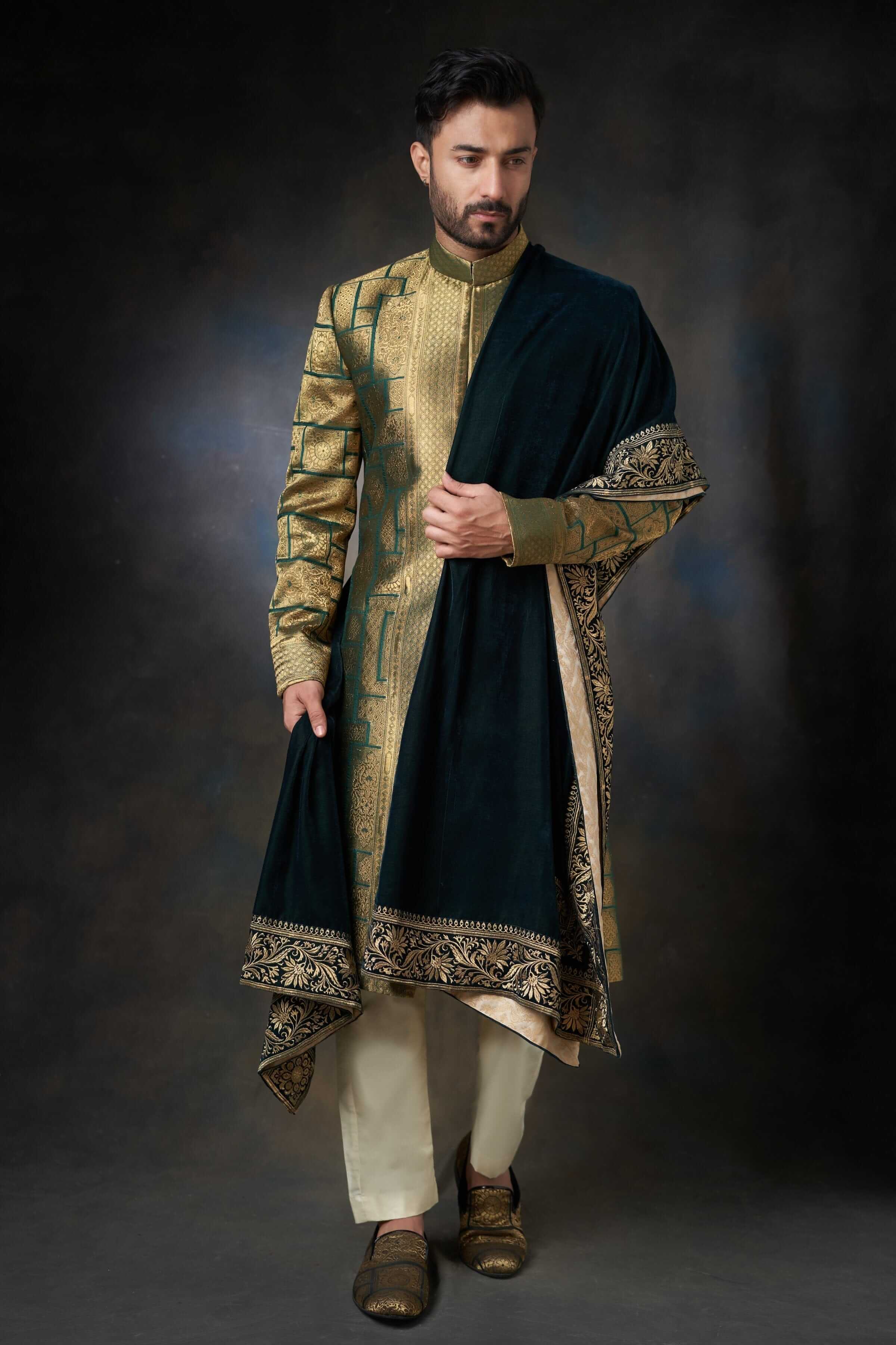 Emerald Green Zari Silk Sherwani (3-Piece) - Image 1