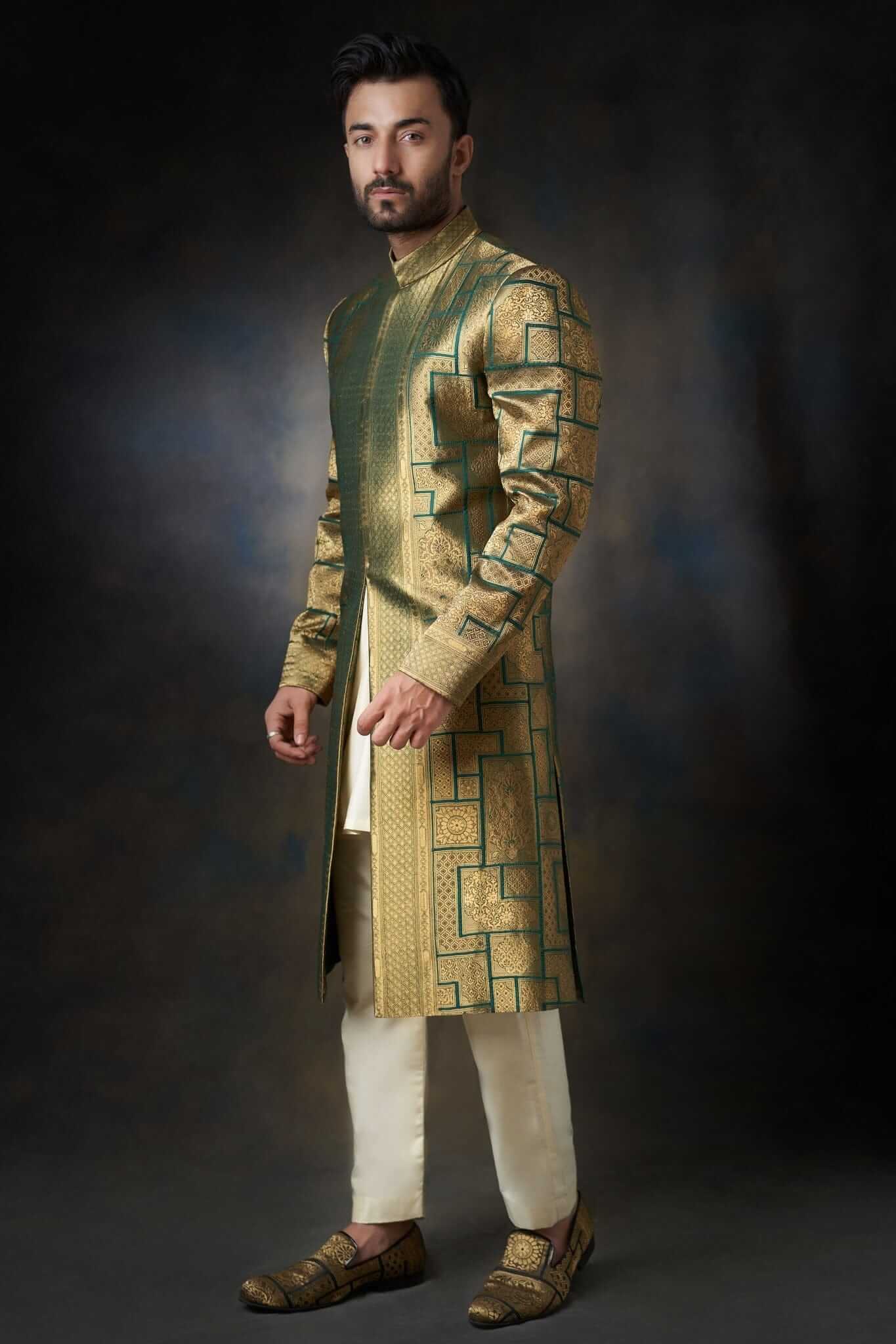 Emerald Green Zari Silk Sherwani (3-Piece) - Image 2