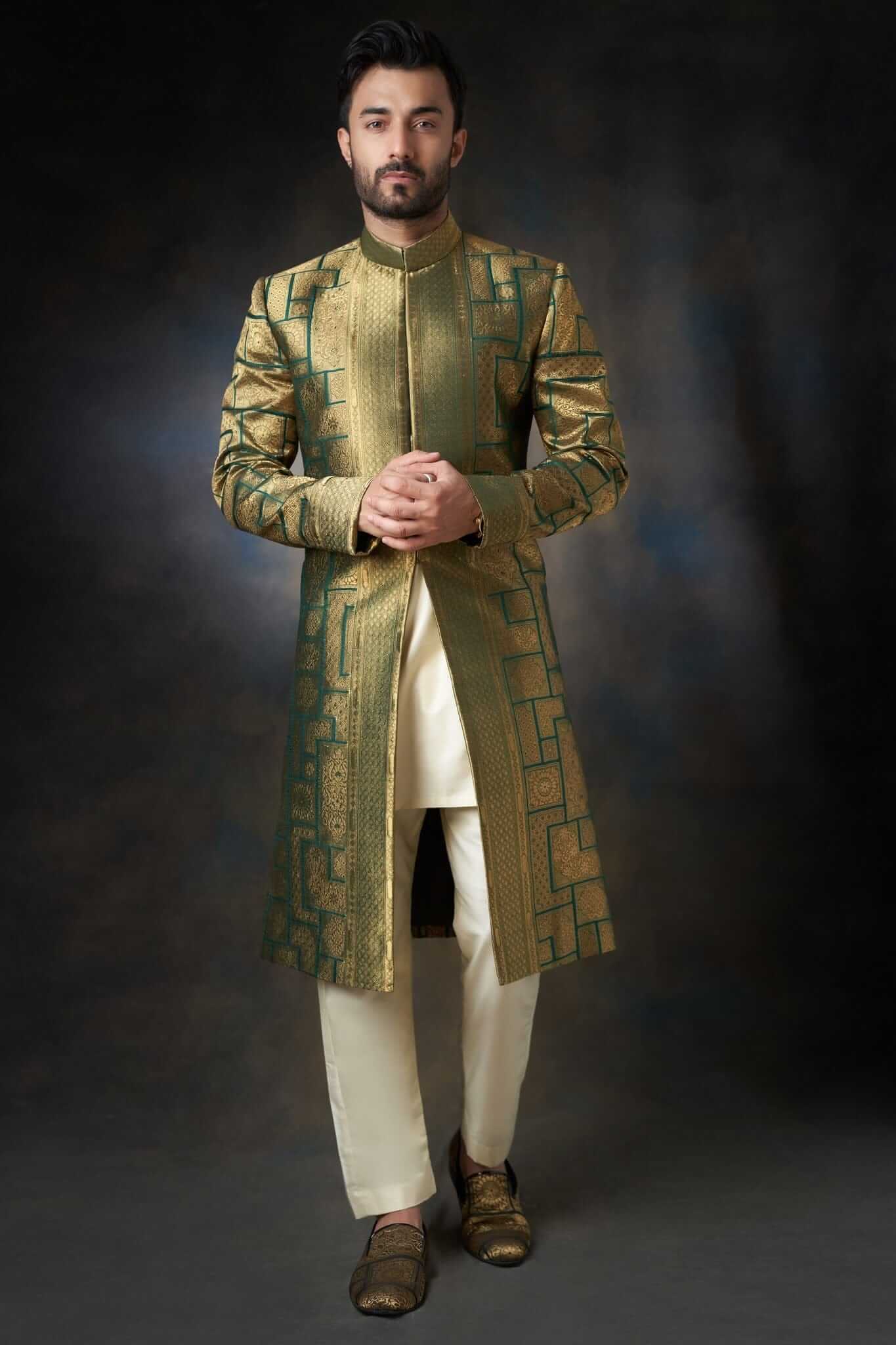Emerald Green Zari Silk Sherwani (3-Piece) - Image 3