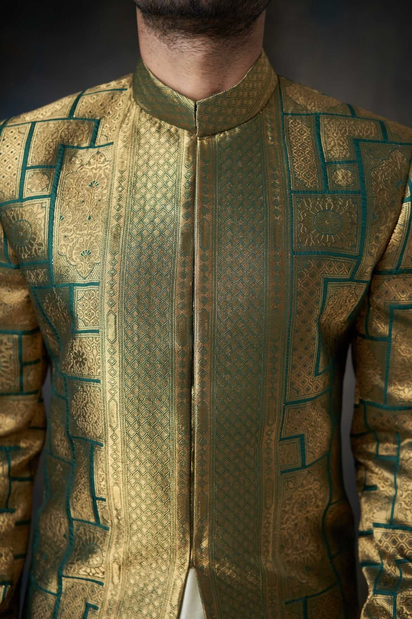 Emerald Green Zari Silk Sherwani (3-Piece) - Image 4