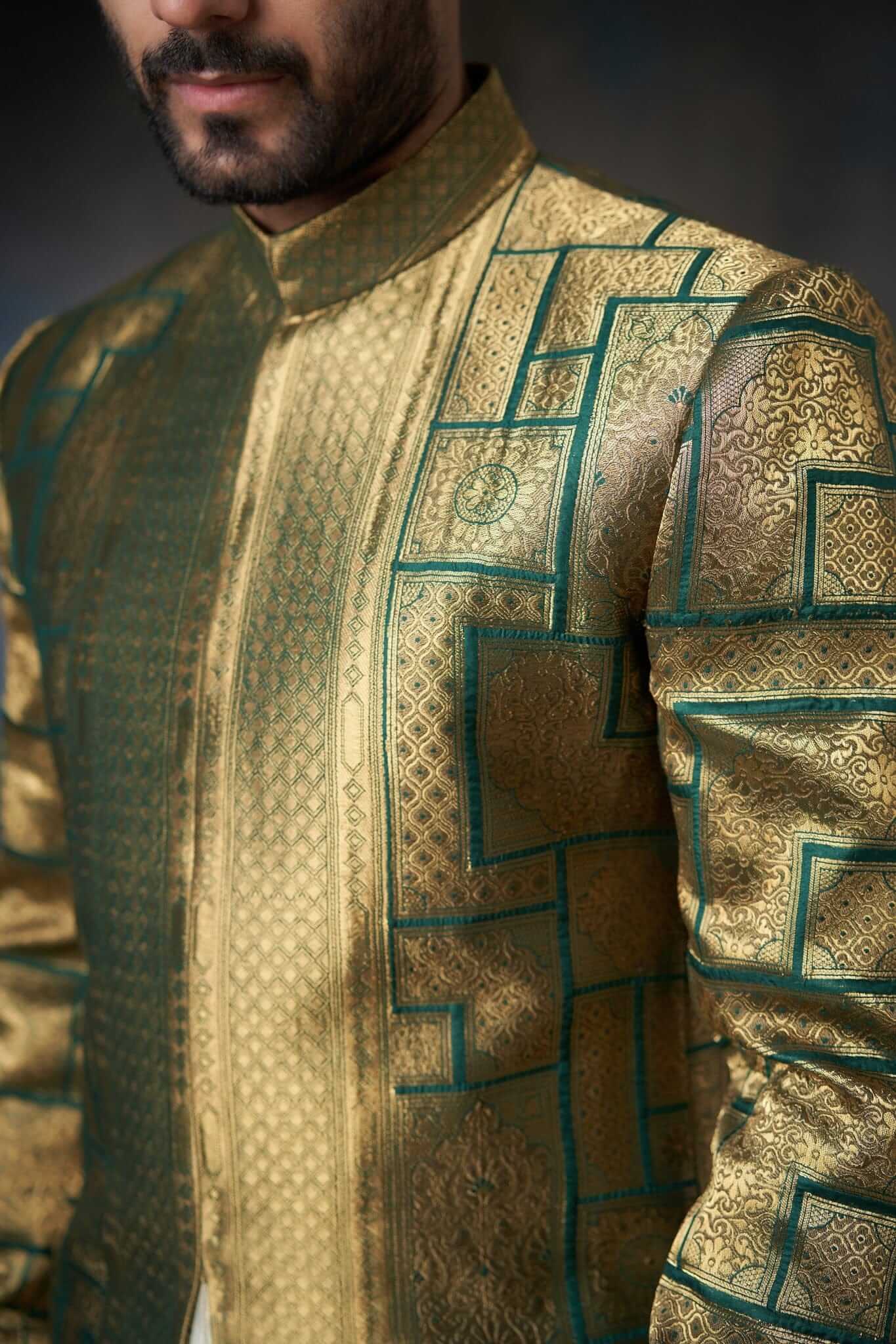 Emerald Green Zari Silk Sherwani (3-Piece) - Image 5