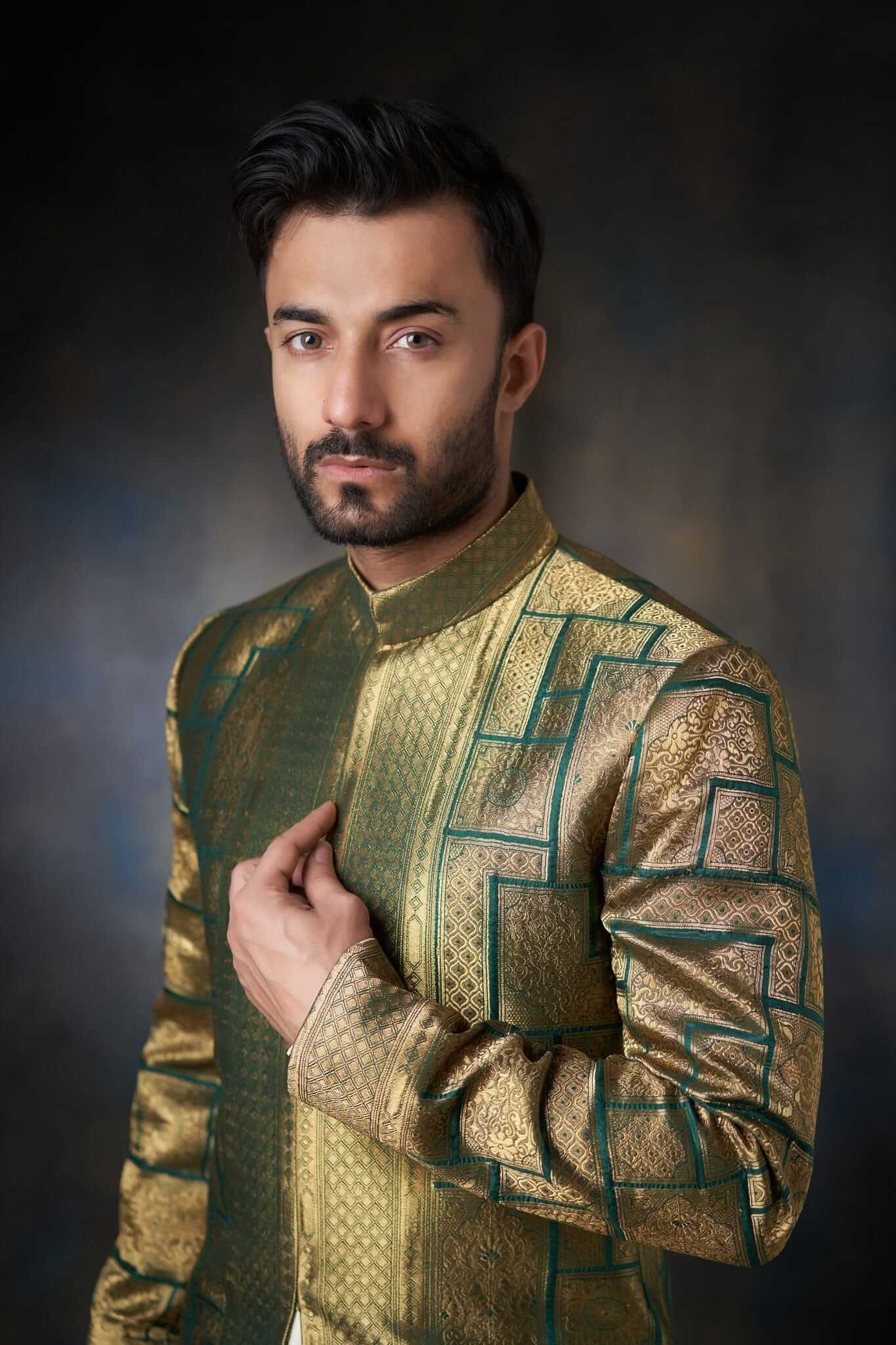 Emerald Green Zari Silk Sherwani (3-Piece) - Image 6