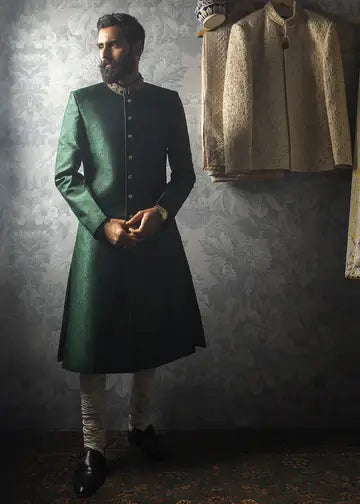 Emerald Green Zardozi Silk Groom Sherwani (3-Piece) - Image 1