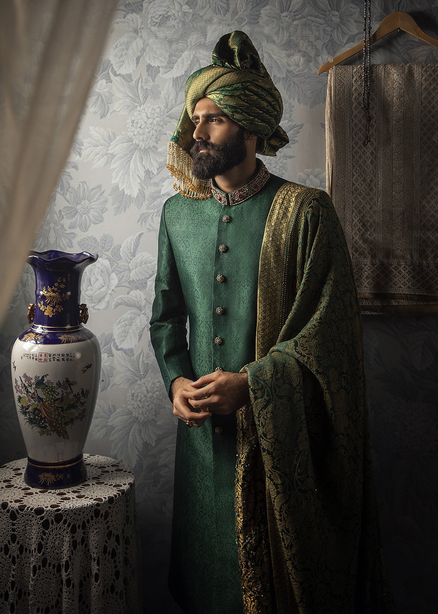 Emerald Green Zardozi Silk Groom Sherwani (3-Piece) - Image 2