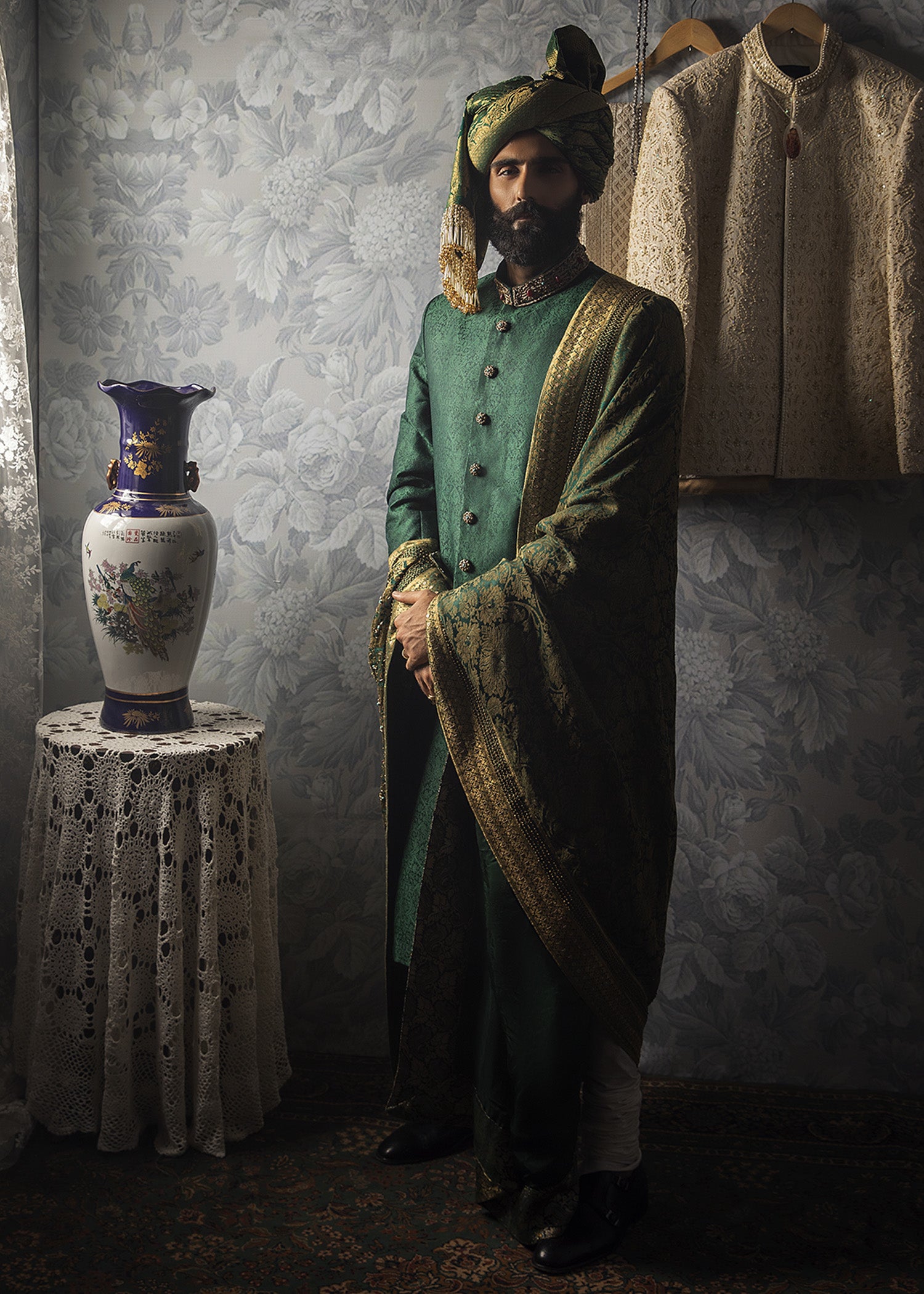 Emerald Green Zardozi Silk Groom Sherwani (3-Piece) - Image 3