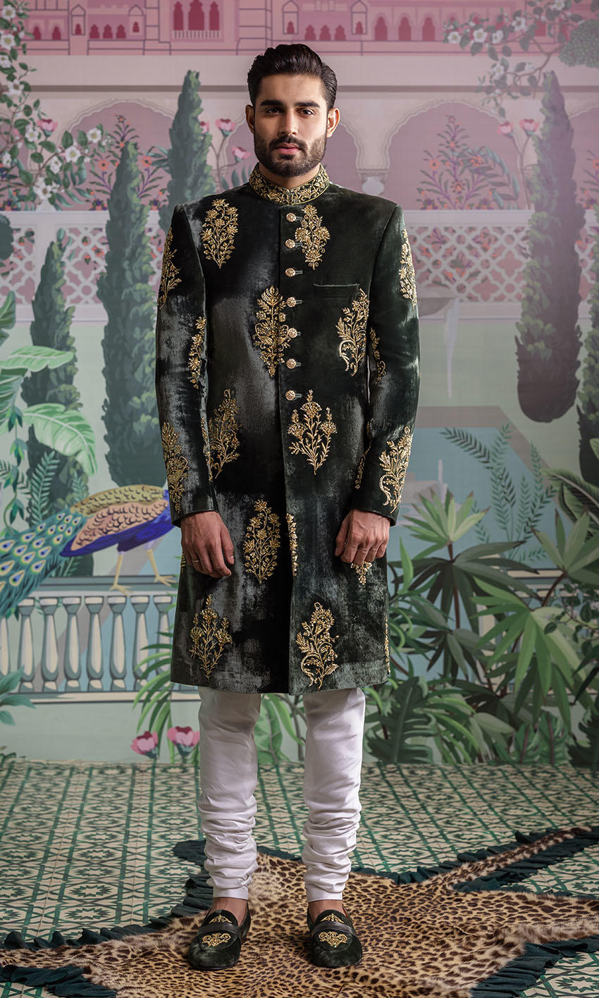 Deep Green Embroidered Velvet Sherwani (2-Piece) - Image 1
