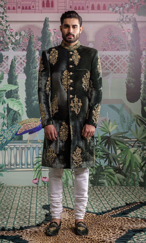 Deep Green Embroidered Velvet Sherwani (2-Piece) - Image 2