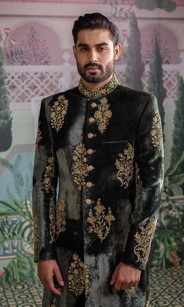Deep Green Embroidered Velvet Sherwani (2-Piece) - Image 3