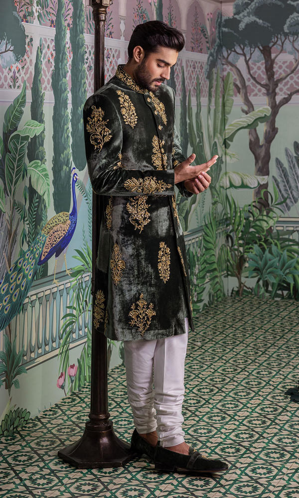 Deep Green Embroidered Velvet Sherwani (2-Piece) - Image 4
