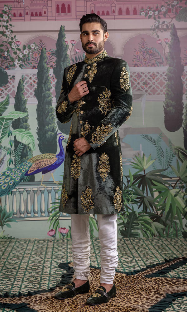 Deep Green Embroidered Velvet Sherwani (2-Piece) - Image 5